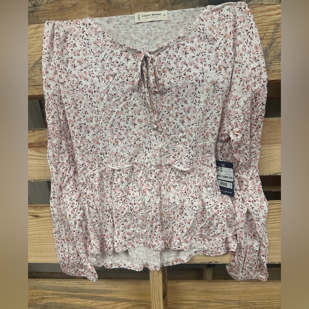 NWT Lucky Brand Printed Tie-Neck Top Women's Cream Multi Keyhole Long Sleeve~Med